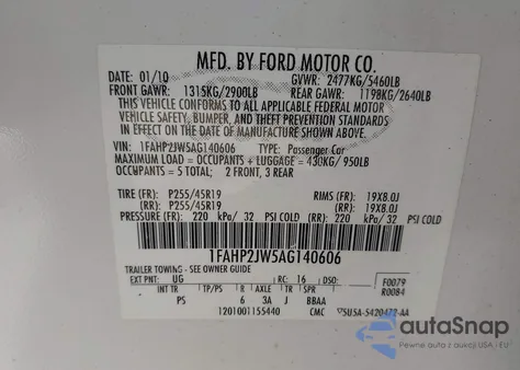 2010 Ford Taurus Limited z USA, uszkodzony, nr VIN 1FAHP2JW5AG140606
